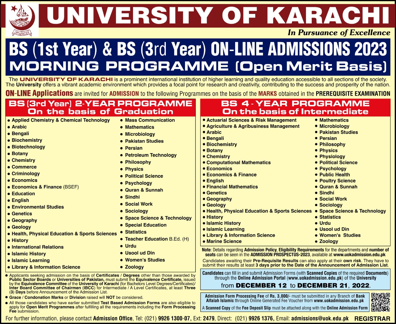 University Of Karachi Merit Based Admissions 2022 23 Morning