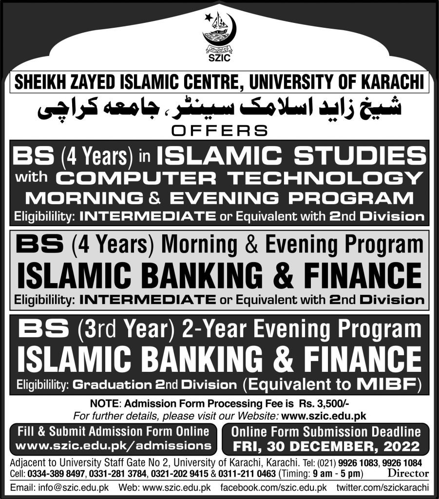 Sheikh Zayed Islamic Centre, University Of Karachi Admissions 2022-23 ...