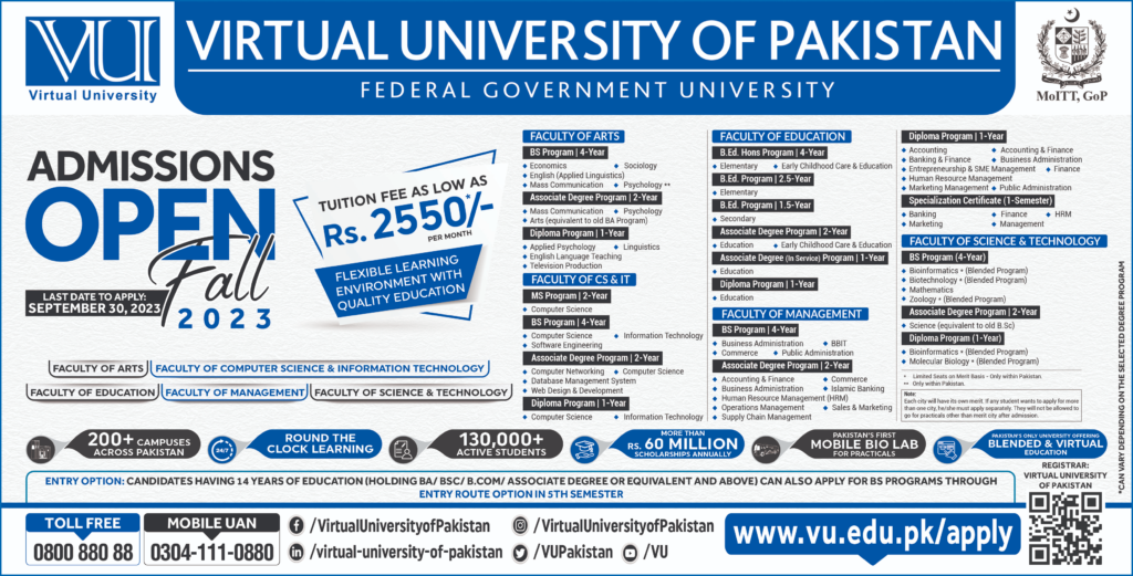 Virtual University Admissions Fall 2023 Education In Karachi