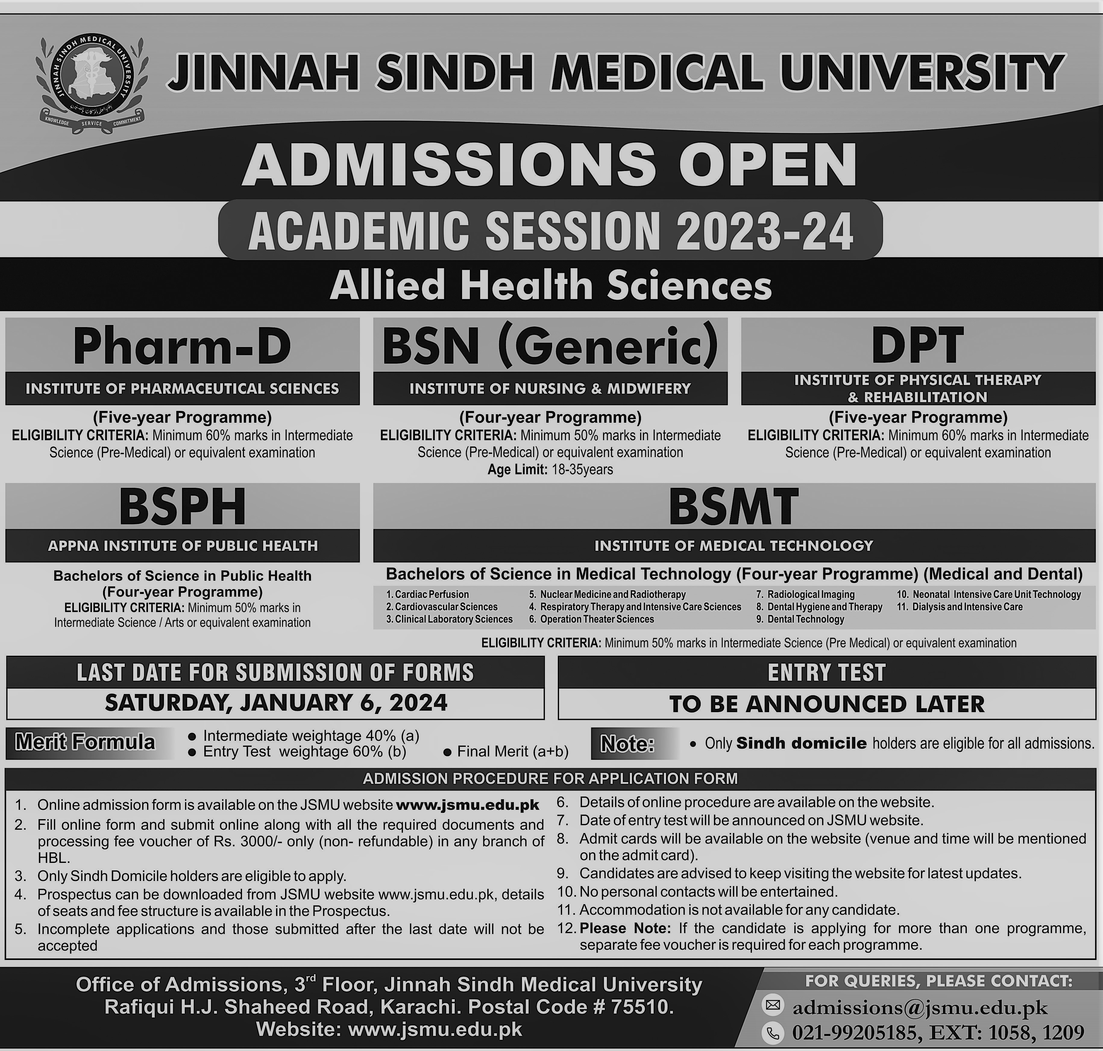 Jinnah Sindh Medical University Jsmu Admissions 2023 24 Bs Public